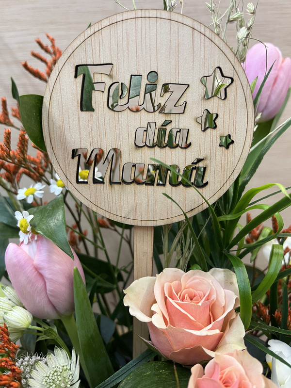 BOLSA SACO CON FLOR NATURAL Y MENSAJE MADERA DIA DE LA MADRE