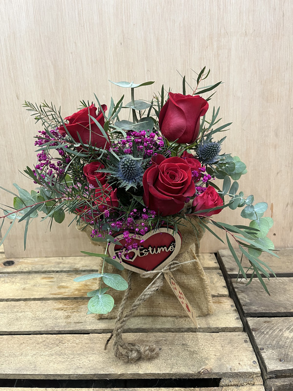 BOLSA SACO CON ROSAS Y CORAZÓN MADERA T'ESTIMO ENAMORADOS