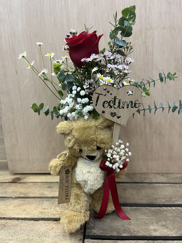 VIOLETERO CON ROSA, OSITO Y TOPPER CORAZÓN T'ESTIMO ENAMORADOS