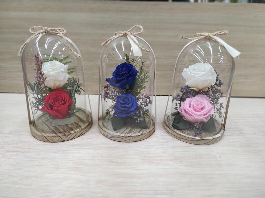 1 CUPULA DE CRISTAL 20CM CON 2 ROSAS PRESERVADAS SANT JORDI SJ25