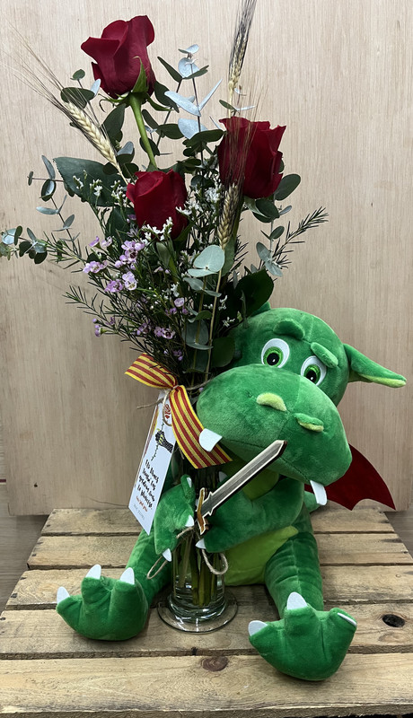 DRAGON DE PELUCHE 40 CM CON 3 ROSAS SANT JORDI