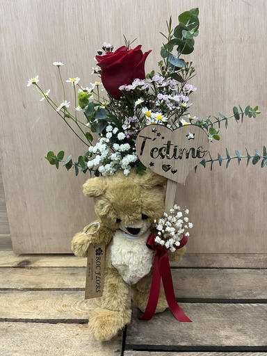 [CEN61] VIOLETERO CON ROSA, OSITO Y TOPPER CORAZÓN T'ESTIMO ENAMORADOS