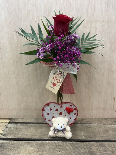 [CEN64] VIOLETERO CORAZÓN MADERA CON ROSA Y OSITO ENAMORADOS