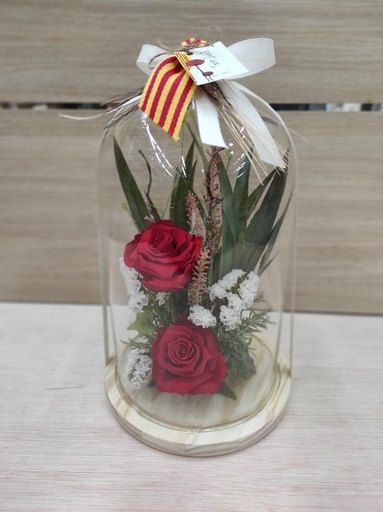 [SJ26] 1 CUPULA DE CRISTAL 30CM CON 2 ROSAS PRESERVADAS SANT JORDI SJ26
