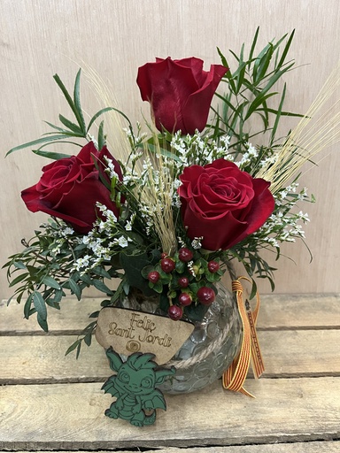 [SJ146] JARRON CRISTAL CON 3 ROSAS MÁS DRAGON MADERA SANT JORDI