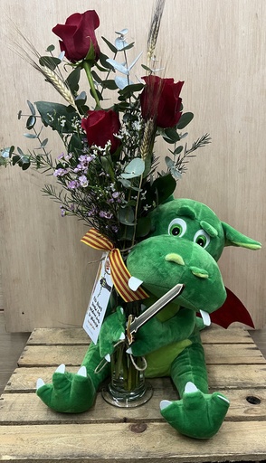 [SJ151] DRAGON DE PELUCHE 40 CM CON 3 ROSAS SANT JORDI