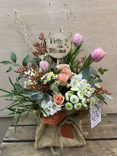 [DM113] BOLSA SACO CON FLOR NATURAL Y MENSAJE MADERA DIA DE LA MADRE