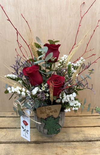 [SJ164] JARRON CERÁMICA CON DRAGON MENSAJE MADERA 3 ROSAS SANT JORDI